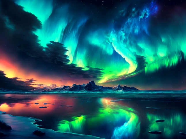 Polarlichter spiegeln sich im Wasser - Malen nach Zahlen