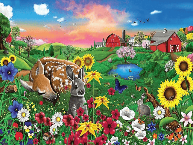 Reh und Hase auf Blumenwiese - Voll AB 5D DIY Diamond Painting