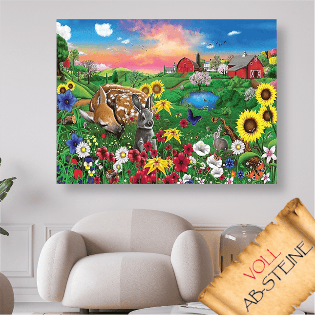Reh und Hase auf Blumenwiese - Voll AB 5D DIY Diamond Painting