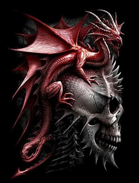 Roter Drache sitzt auf Schädel - 5D DIY Diamond Painting
