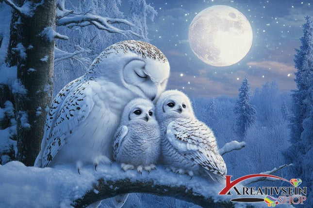 Schneeeulen im Vollmond - 5D DIY Diamond Painting