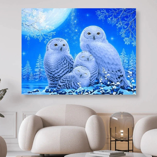 Schneeeulen mit Jungen im Mondlicht - 5D DIY Diamond Painting