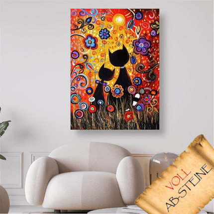 Schwarze Katzen in Blumenwiese - Voll AB 5D DIY Diamond Painting