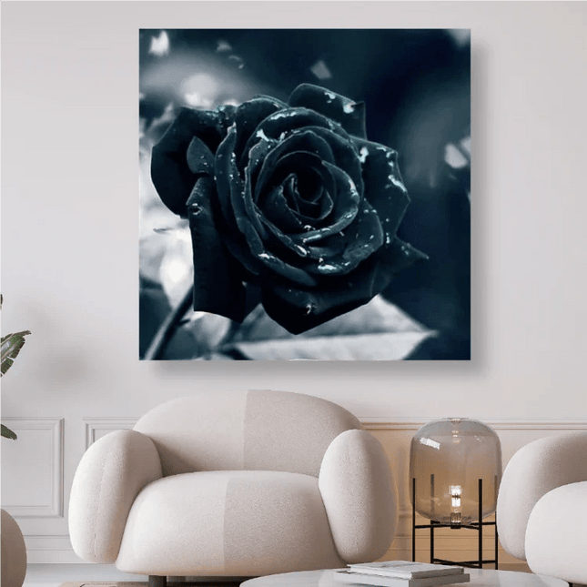 Schwarze Rosenblüte mit Tautropfen - 5D DIY Diamond Painting