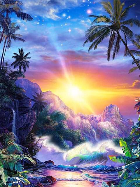 Sonnenuntergang mit Palmen, Bergen und Meer - 5D DIY Diamond Painting