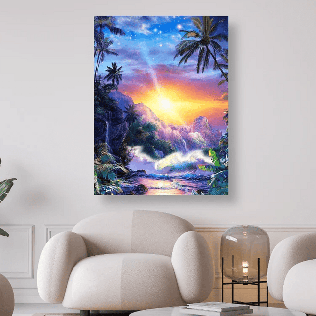 Sonnenuntergang mit Palmen, Bergen und Meer - 5D DIY Diamond Painting