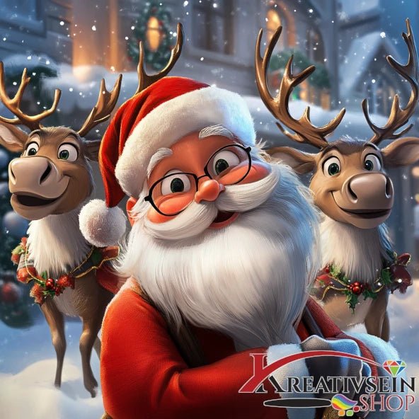 Weihnachtsmann mit 2 lachenden Rentieren - 5D DIY Diamond Painting