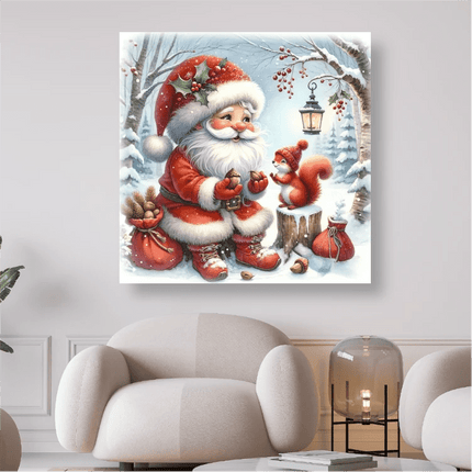 Weihnachtsmann mit Eichhörnchen im Wald - 5D DIY Diamond Painting