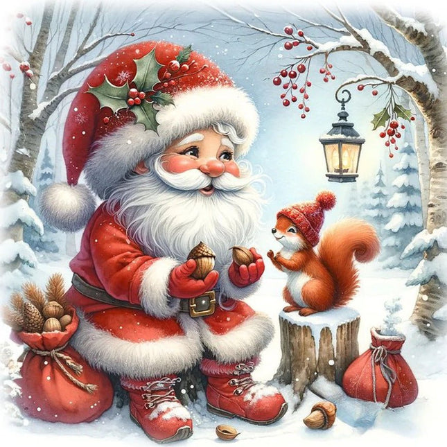 Weihnachtsmann mit Eichhörnchen im Wald - 5D DIY Diamond Painting