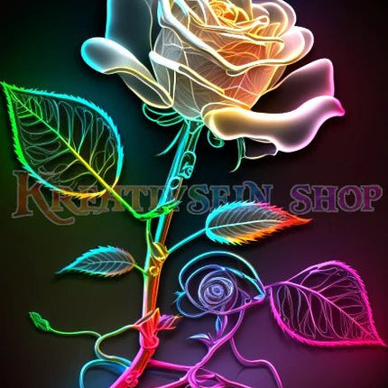Weisse Rose mit regenbogenfarbigen Stiel - 5D DIY Diamond Painting