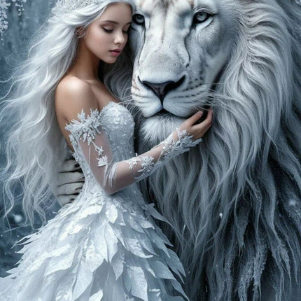 Weisser Löwe mit Frau - 5D DIY Diamond Painting