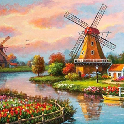 Windmühlen am Fluss - Voll AB Diamond Painting