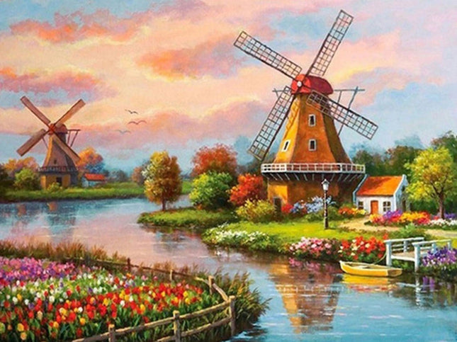 Windmühlen am Fluss - Voll AB Diamond Painting