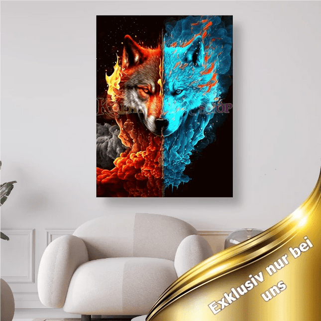Wolfskopf halb Feuer halb Wasser - 5D DIY Diamond Painting
