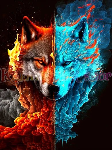 Wolfskopf halb Feuer halb Wasser - 5D DIY Diamond Painting