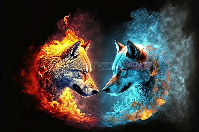 Wolfsköpfe Feuer Wasser LA - 5D DIY Diamond Painting