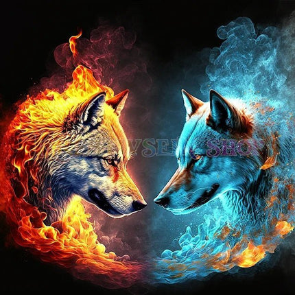 Wolfsköpfe Feuer Wasser - Malen nach Zahlen
