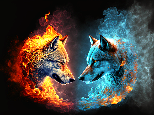 Wolfsköpfe Feuer Wasser - Malen nach Zahlen